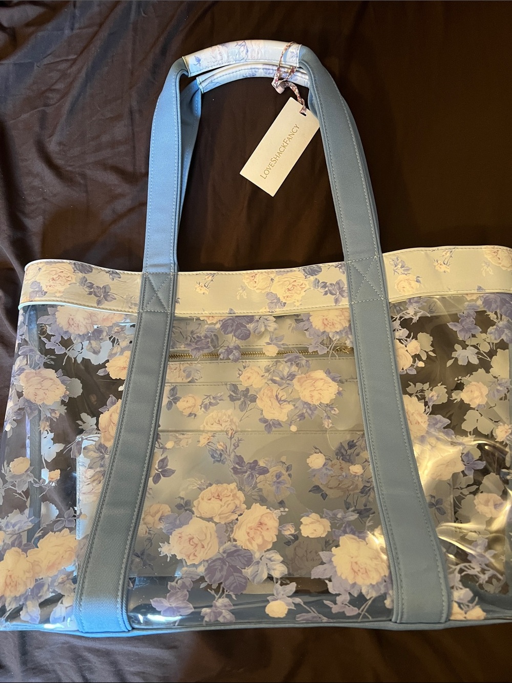 LoveShackFancy Blue and Cream Floral Clear Tote Bag